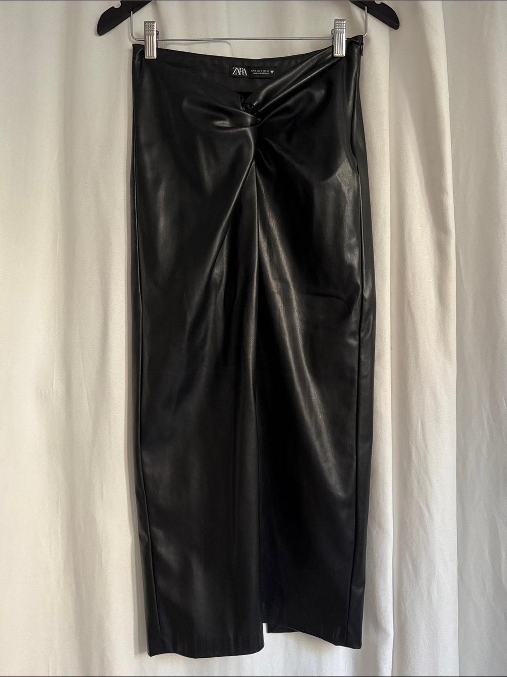 Zara Black Faux Leather Midi Skirt with Front Twist